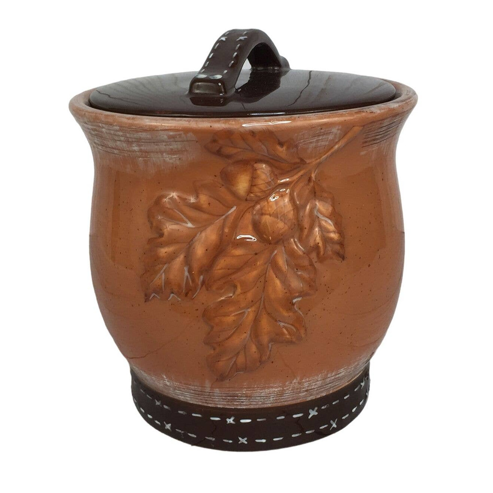 Woolrich Ceramic Pottery Jar Canister with Lid Glazed Leaf Design by Chatham Run